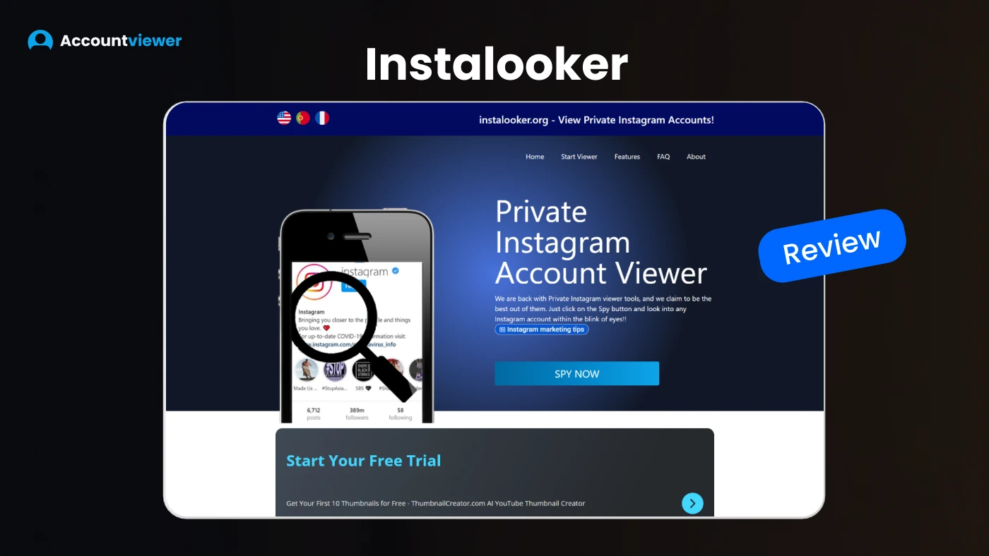 Instalooker review by Accountviewer — Instalooker homepage showing Private Instagram Account Viewer