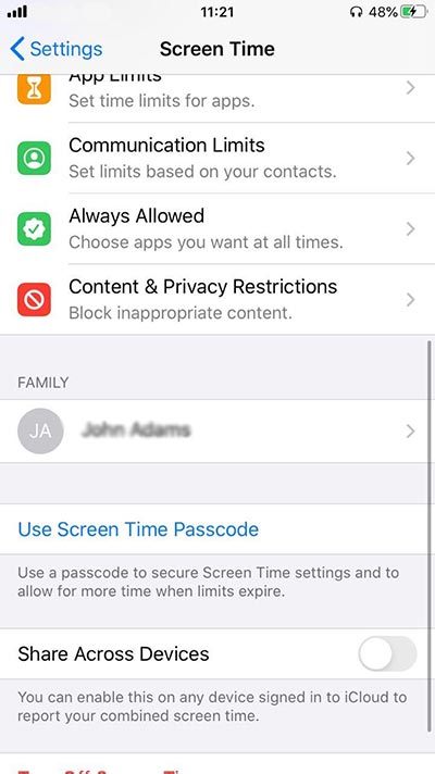 Scroll down to “Use Screen Time Passcode”